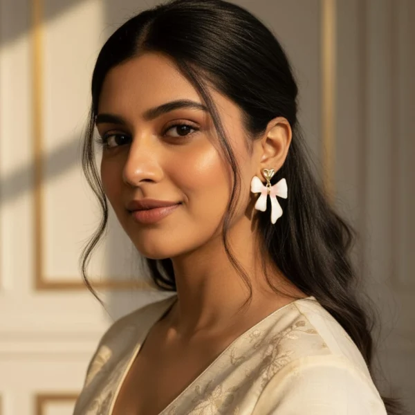 red & white bow enamel earrings