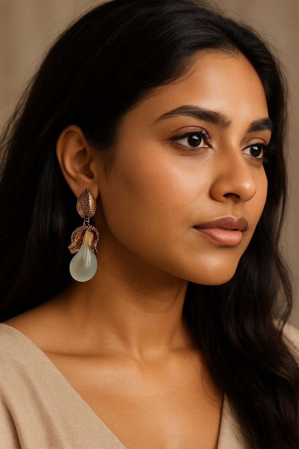 a_wearing_this_earring Golden Leaf Pearl Teardrop Earrings - Image 2